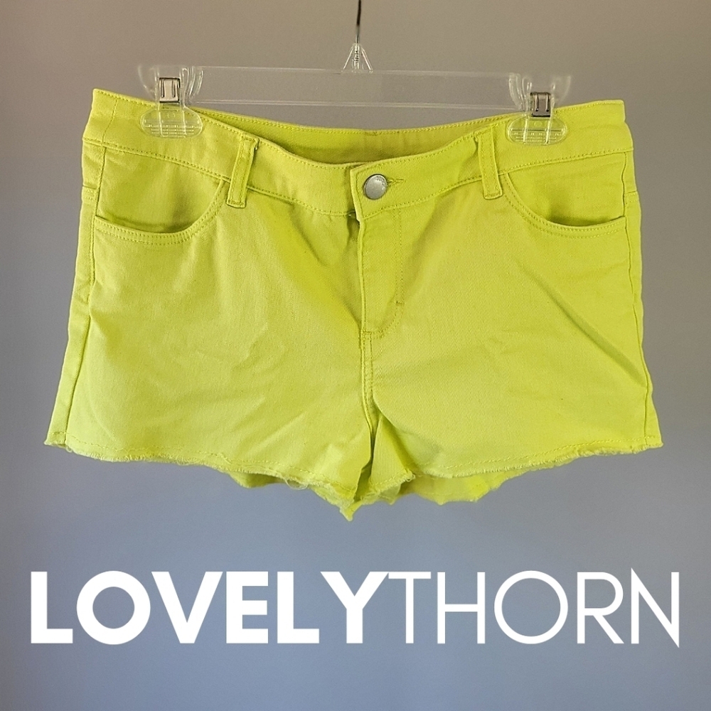 H&M // neon yellow raw hem short shorts